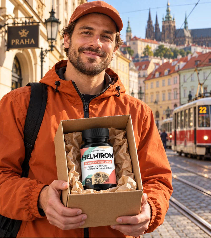 Kurýr doručuje dózu Helmiron v Praze